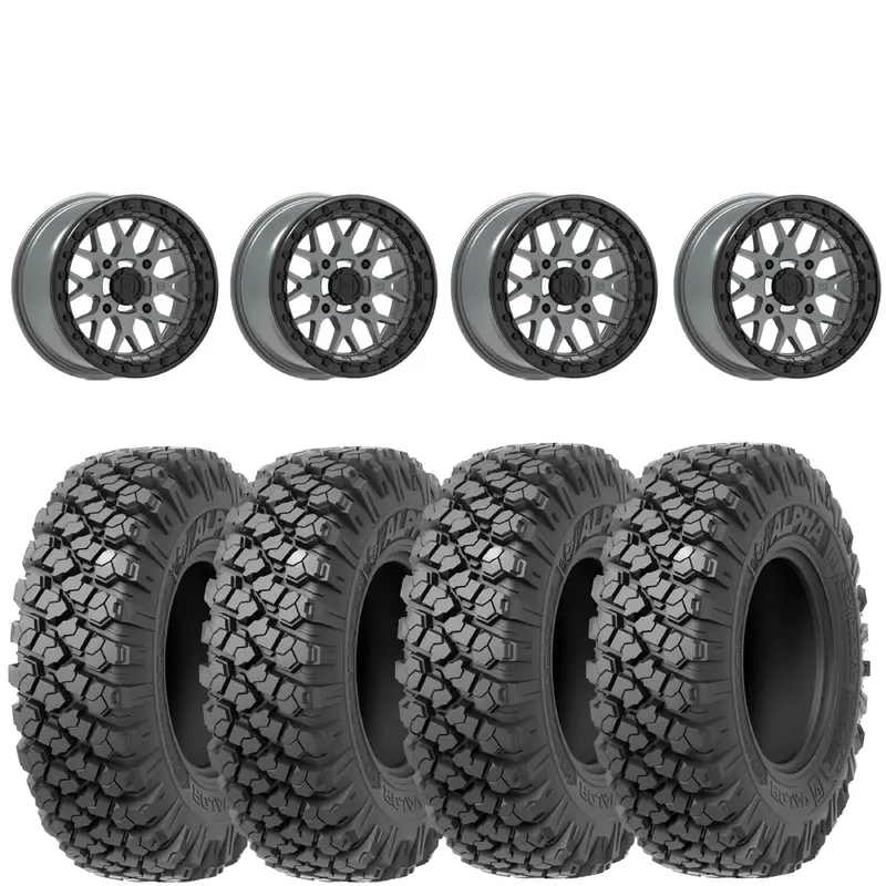 Valor Offroad V07 SATIN GRAPHITE beadlocks mounted on Valor Offroad Alpha tires
