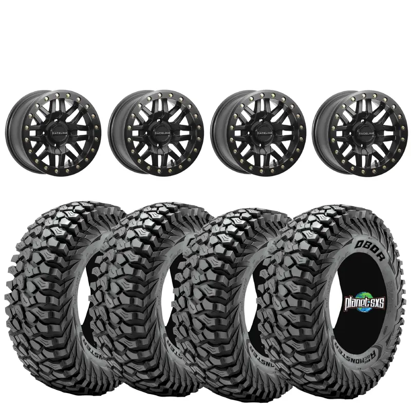 Raceline Ryno 15x10 beadlock Satin Black 4/137 5+5 mounted on Obor Roc Scrapers