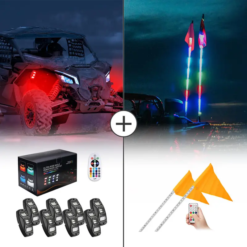 UTV 8 Pod Rock Light Kit & 5FT Whip Lights for Polaris / Can-am / Kawasaki / Honda