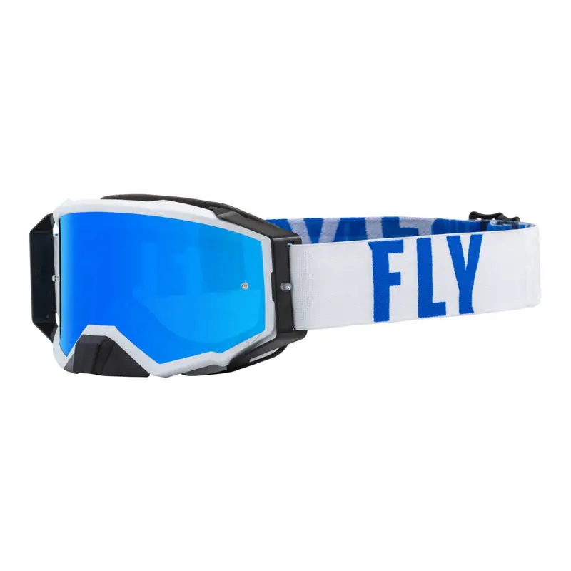 FLY Racing Zone Pro Goggle - White / Blue with Sky Blue Mirror / Smoke Lens