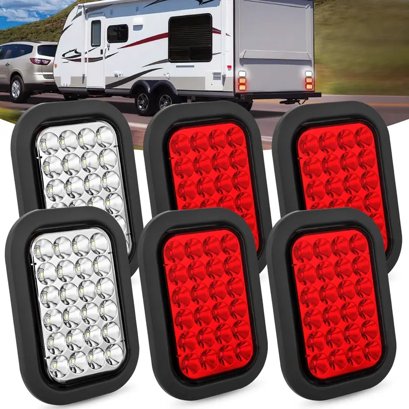 6 Pcs 5 X 3 Inch 24 Led Red & White Rectangular Trailer Tail Light