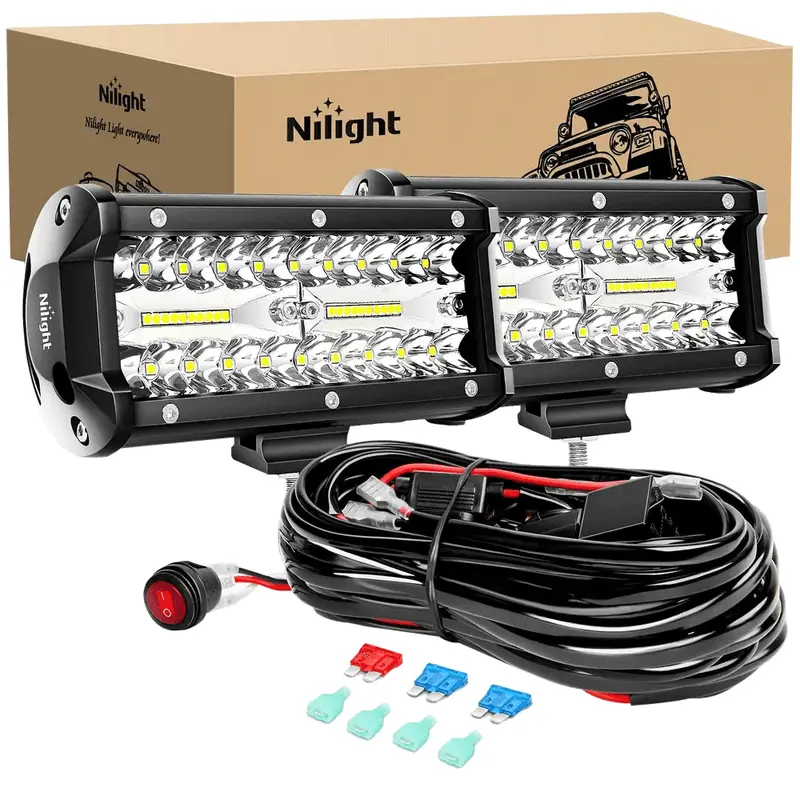 6.5 Inch 120W Triple Row Spot Flood LED Light Bars (Pair) | 16AWG Wire 3Pin Switch