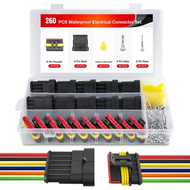 260PCS 6 Pin Electrical Connector Plug Male Female Terminal Wire Connector